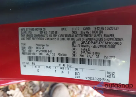 2015 Ford Fiesta Se из США, поврежденный, VIN 3FADP4EJ7FM166985